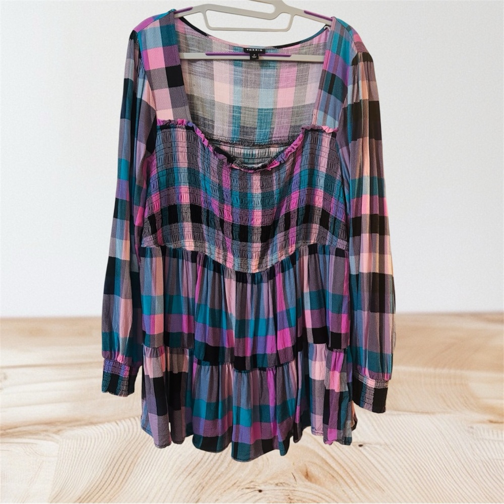 Torrid Multicolor Plaid Blouse - Pink, Blue, Black